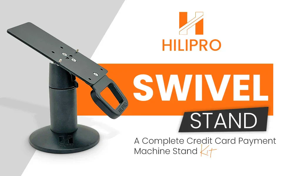 Point of sale stands on a swivel, showcasing Hilipro's complete credit card payment machine stand kit.