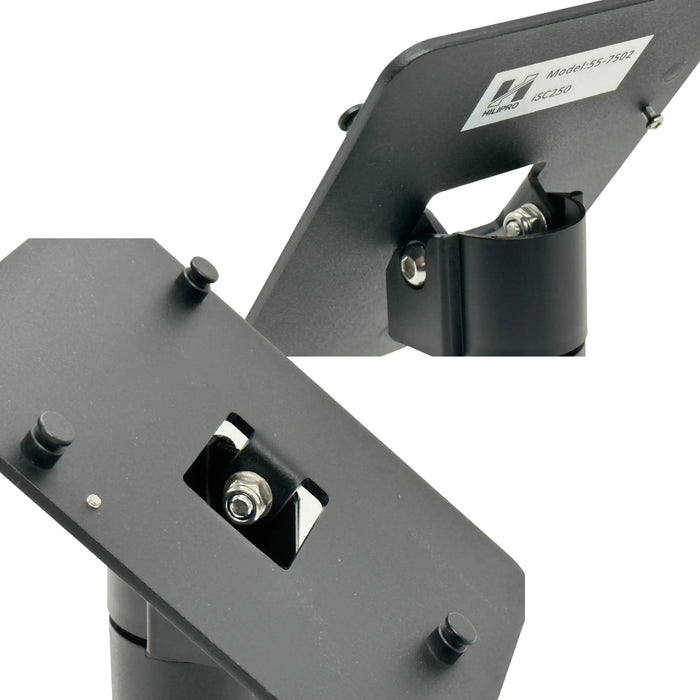 Hilipro ISC250 stand, Ingenico ISC250 terminal mount, heavy-duty POS stand, durable terminal stand, retail POS stand, flexible mounting options, adjustable tilt and swivel stand, Ingenico terminal support, secure POS terminal mount, cable management stand, interchangeable back plate POS stand, no-drill mounting solution, high-quality metal POS stand, retail checkout stand, robust terminal support, swivel and tilt POS mount, organized cable routing, space-saving POS stand, versatile terminal mounting options