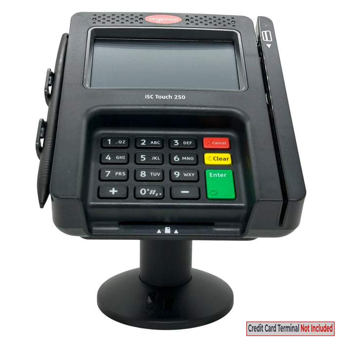 Hilipro ISC250 stand, Ingenico ISC250 terminal mount, heavy-duty POS stand, durable terminal stand, retail POS stand, flexible mounting options, adjustable tilt and swivel stand, Ingenico terminal support, secure POS terminal mount, cable management stand, interchangeable back plate POS stand, no-drill mounting solution, high-quality metal POS stand, retail checkout stand, robust terminal support, swivel and tilt POS mount, organized cable routing, space-saving POS stand, versatile terminal mounting options