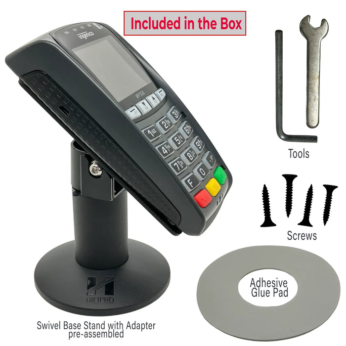 Hilipro Swivel Stand, Ingenico iPP320 stand, Ingenico iPP350 stand, durable metal stand, adjustable POS stand, retail POS solution, flexible installation options, cable management stand, tilt and swivel POS stand, secure Ingenico stand, high-traffic retail POS, interchangeable back plate, POS terminal stand, commercial POS equipment, retail checkout stand, flexible terminal mount, sturdy POS stand, easy terminal adjustment, space-saving POS stand, Ingenico iPP320/350 compatible.