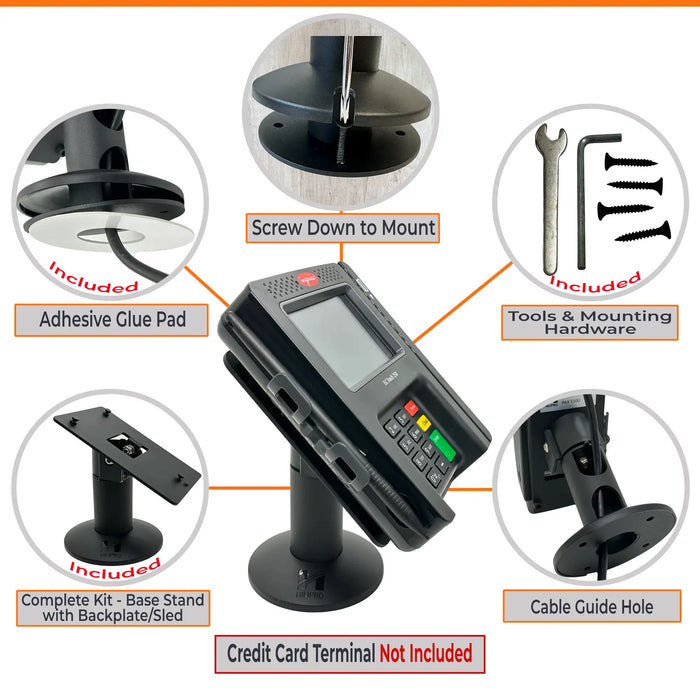 Hilipro ISC250 stand, Ingenico ISC250 terminal mount, heavy-duty POS stand, durable terminal stand, retail POS stand, flexible mounting options, adjustable tilt and swivel stand, Ingenico terminal support, secure POS terminal mount, cable management stand, interchangeable back plate POS stand, no-drill mounting solution, high-quality metal POS stand, retail checkout stand, robust terminal support, swivel and tilt POS mount, organized cable routing, space-saving POS stand, versatile terminal mounting options