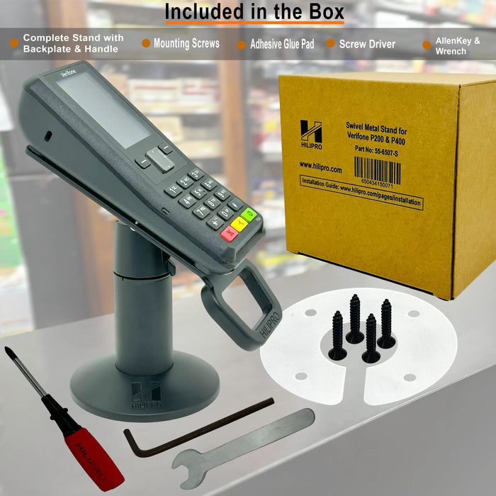 Hilipro swivel stand for Verifone P200, P400, 330° swivel, 50° tilt POS stand, Verifone P200 stand, Verifone P400 stand, secure POS terminal mount, Verifone P400 swivel mount, Verifone P200 tilt stand, retail POS stand, complete POS kit, Verifone compatible stand, POS security mount, Verifone P200 swivel stand, Verifone P400 POS stand, compact POS terminal stand, Hilipro Verifone P200 P400 kit, secure POS mounting system, adjustable Verifone stand, Verifone P200 P400 holder, durable POS stand