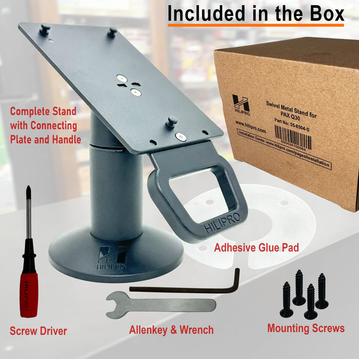 Hilipro swivel stand, Pax A30 stand, Pax A30 credit card terminal stand, Pax A30 POS stand, 360-degree swivel stand, 330° swivel POS mount, durable metal POS stand, ergonomic 4.7-inch stand, Pax A30 swivel mount, adjustable POS terminal stand, retail credit card terminal stand, Hilipro POS solutions, Pax A30 stand with installation kit, Pax A30 terminal holder, secure swivel stand for Pax A30, mild steel POS stand, powder-coated POS stand, bulk pricing POS accessories, Pax A30 adjustable stand.