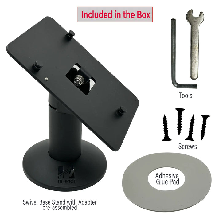 Hilipro ISC250 stand, Ingenico ISC250 terminal mount, heavy-duty POS stand, durable terminal stand, retail POS stand, flexible mounting options, adjustable tilt and swivel stand, Ingenico terminal support, secure POS terminal mount, cable management stand, interchangeable back plate POS stand, no-drill mounting solution, high-quality metal POS stand, retail checkout stand, robust terminal support, swivel and tilt POS mount, organized cable routing, space-saving POS stand, versatile terminal mounting options