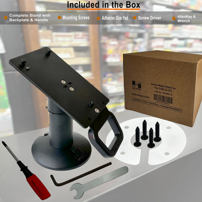 Hilipro swivel stand, Pax Q30 stand, Pax A30 stand, POS terminal swivel stand, adjustable POS stand, 330° swivel stand, 50° tilt stand, retail POS stand, flexible POS stand, secure terminal mount, metal POS stand, durable payment terminal stand, flexible installation options, cable management POS stand, wall mountable POS stand, complete POS stand kit, robust terminal holder, professional checkout stand, retail checkout stand, Pax A30 terminal stand, Pax Q30 swivel mount.
