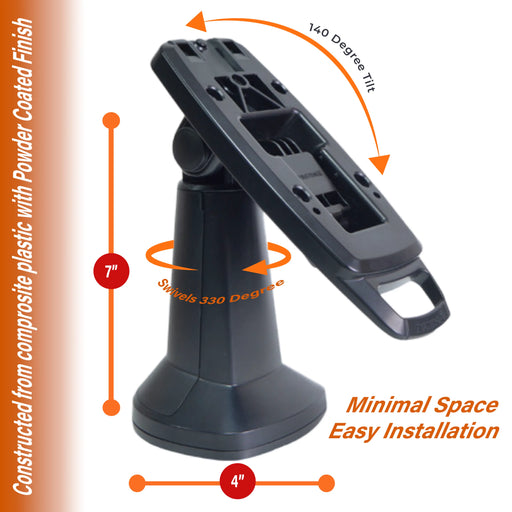 Tailwind Swivel Tall Stand, 7" POS stand, universal POS terminal mount, Verifone stand, Ingenico terminal stand, PAX stand, secure POS stand, swivel and tilt stand, latch and lock POS stand, adhesive mount stand, screw-down POS stand, signal-friendly POS mount, NFC compatible terminal stand, WiFi interference-free POS stand, flexible POS stand installation, cost-effective POS stand, accessible POS stand, retail terminal stand, Tailwind POS mounting solution, durable terminal stand, optional lock and tether.