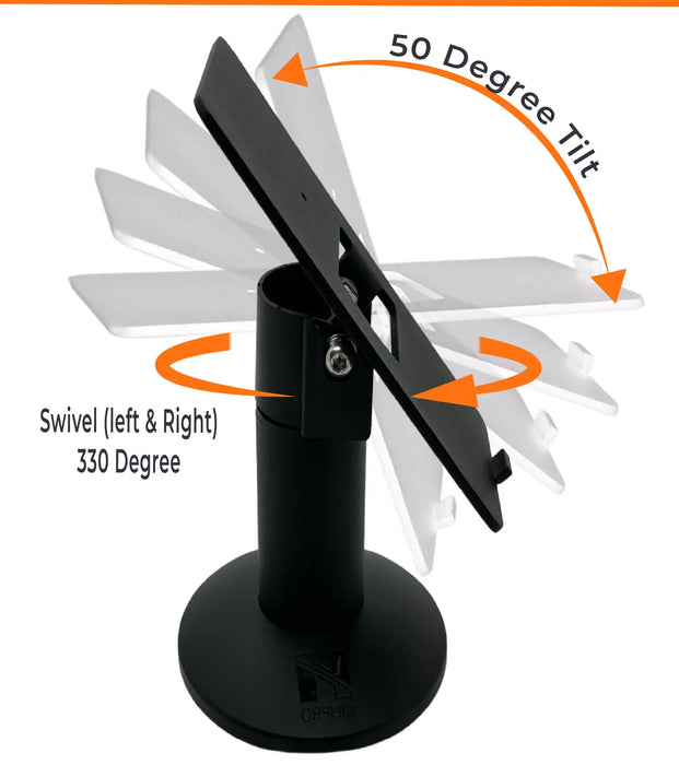 Hilipro Swivel Stand, Ingenico iPP320 stand, Ingenico iPP350 stand, durable metal stand, adjustable POS stand, retail POS solution, flexible installation options, cable management stand, tilt and swivel POS stand, secure Ingenico stand, high-traffic retail POS, interchangeable back plate, POS terminal stand, commercial POS equipment, retail checkout stand, flexible terminal mount, sturdy POS stand, easy terminal adjustment, space-saving POS stand, Ingenico iPP320/350 compatible.